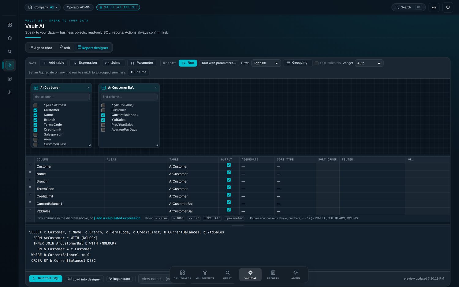Vault Analyst report designer showing tables, the column grid and the SQL it will run