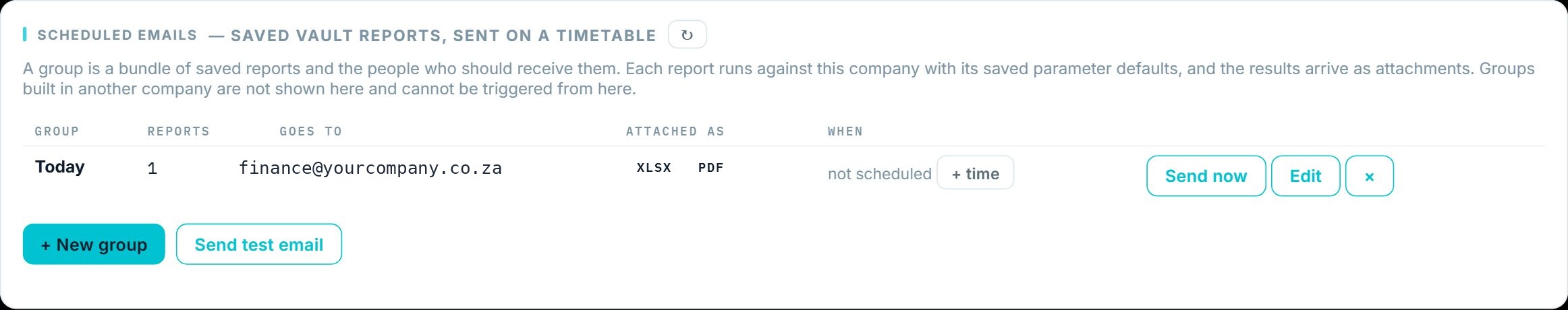Vault Analyst scheduled email group sending a saved report to a distribution list